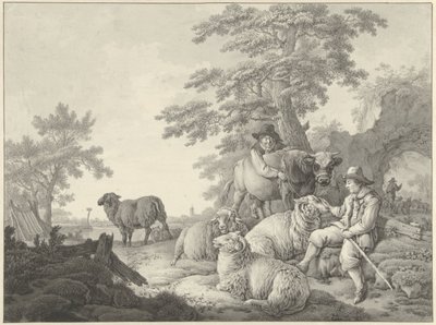 Schäfer mit Schafen und ein Junge mit einem jungen Stier in einer Landschaft von Barend Hendrik Thier