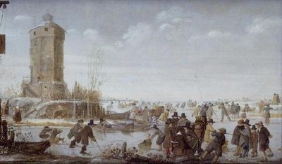 Schlittschuhläufer und elegante Figuren mit Pferdeschlitten auf einem zugefrorenen Fluss bei einem Turm von Barent Avercamp