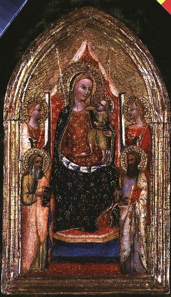 Madonna und Kind auf dem Thron mit St. Bartholomäus und anderen Heiligen von Bargello Master
