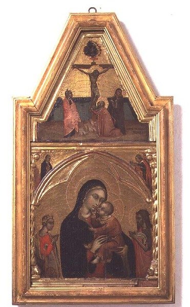 Madonna und Kind mit St. Johannes dem Täufer und St. Katharina, mit Kreuzigungsszene darüber von Barnaba da Modena