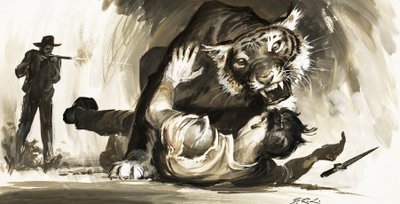 Tiger greift einen Jäger an von Barrie Linklater