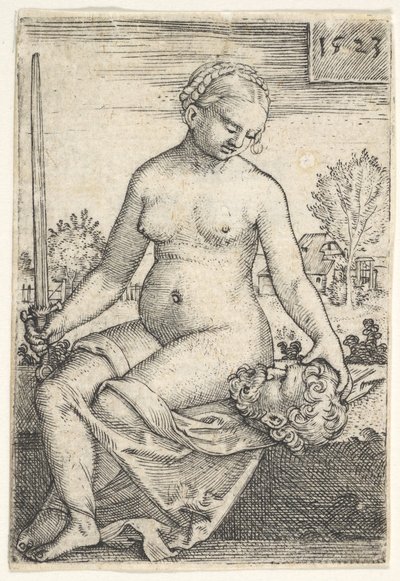 Judith, sitzende Nackte mit einem Schwert in der rechten Hand, blickt auf den Kopf von Holofernes, 1523 von Barthel Beham