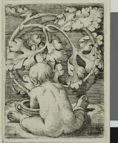 Nacktes Kind, von hinten gesehen, sitzt vor einem Gefäß von Barthel Beham