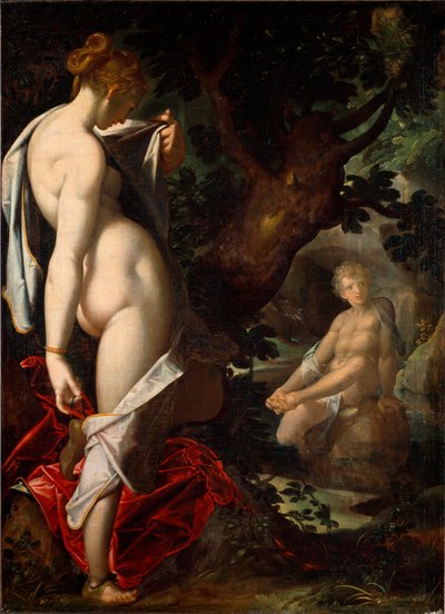 Die Najade Salmacis bewundert Hermaphrodit beim Baden in einer Quelle (Malerei) von Bartholomaeus Spranger