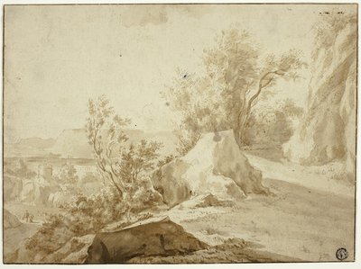 Felsen und Bergpfad, Figuren und Stadt darunter von Bartholomeus Breenbergh