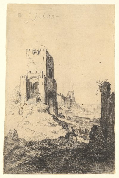 Ansicht von Ponte Mammolo, eine Brücke im Hintergrund, ein Turm mit Rampe im Mittelgrund von Bartholomeus Breenbergh