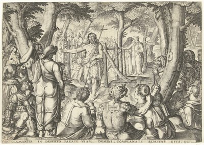 Johannes der Täufer predigt vor einer Gruppe Menschen von Bartholomeus Willemsz. Dolendo