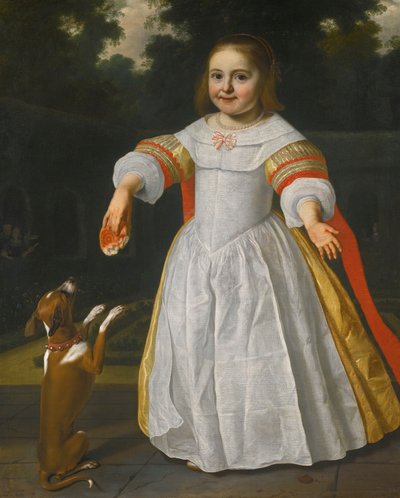 Porträt eines Mädchens mit Brötchen und Hund von Bartholomeus van der Helst