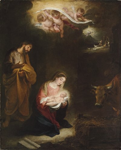 Die Geburt Christi mit der Verkündigung an die Hirten im Hintergrund von Bartolomé Esteban Murillo