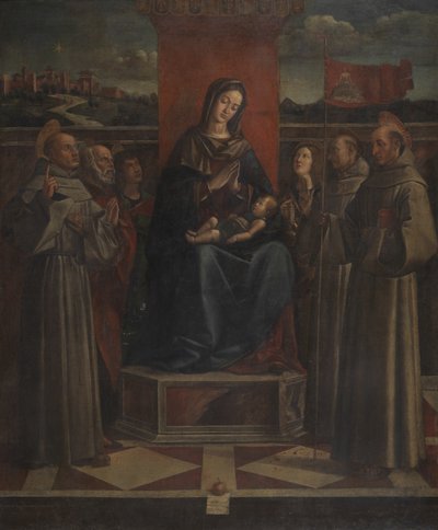 Jungfrau und Kind auf dem Thron mit sechs Heiligen, ca. 1500 von Bartolomeo (attr. to) Montagna