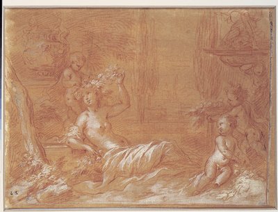 Liegende Nymphe in einem Garten mit Brunnen, Vase und drei Cupidos von Bartolomeo Biscaino