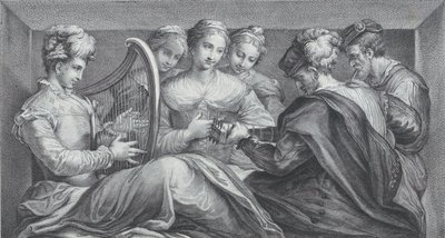 Eine Gruppe elegant gekleideter Menschen spielt Harfe und Gitarre von Bartolomeo Crivellari
