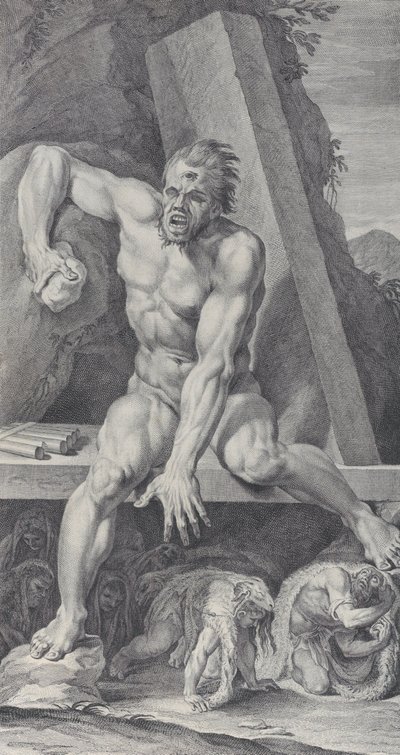 Tafel 7: der geblendete Polyphem, der den Eingang seiner Höhle bewacht, mit Odysseus und seinen Gefährten von Bartolomeo Crivellari