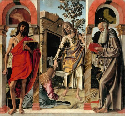 Auferstandener Christus mit Maria Magdalena und den Heiligen Johannes der Täufer und Hieronymus, ca. 1492 von Bartolomeo Montagna