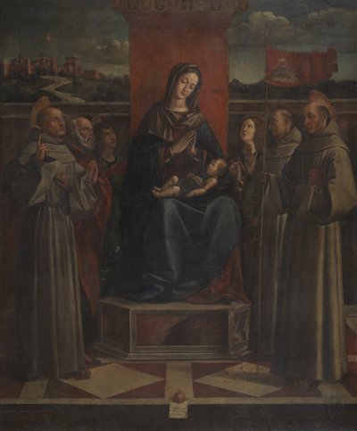 Jungfrau und Kind auf dem Thron mit sechs Heiligen, ca. 1500 von Bartolomeo Montagna