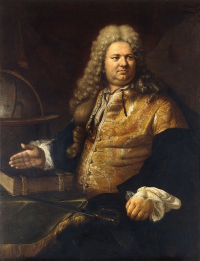 Porträt eines Gentlemans, angeblich der Schauspieler James Quin, in der Titelrolle von Addisons Cato, sitzend, Dreiviertellänge, in einem Brokatmantel und grünem Umhang an einem Tisch mit einem Schwert, einem Buch und einem Globus von Bartolomeo Nazzari