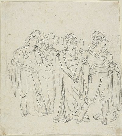 Brigandenchef von einer Frau zurückgehalten (recto); Skizze von zwei Figuren in einer Landschaft (verso) von Bartolomeo Pinelli