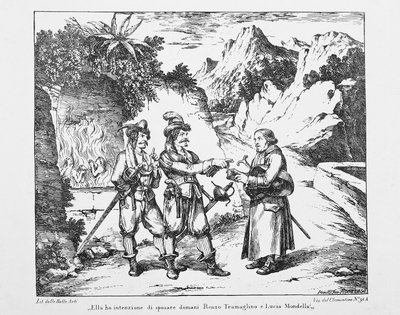 Don Abbondio begegnet zwei Bravi, Lithographie für Die Verlobten von Alessandro Manzoni (1785-1873) von Bartolomeo Pinelli