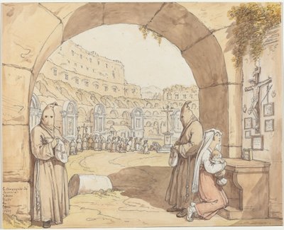 La Compagnia dei sacconi al Colosseo (Büßer beten an Altären im Kolosseum) von Bartolomeo Pinelli