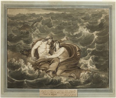 Mentor und Telemach, nach dem Sturm, werden auf einem Mast zur Insel Kalypso gebracht, aus Die Abenteuer des Telemach, Buch 6 von Bartolomeo Pinelli