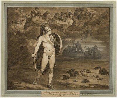 Telemachus, der glaubt, dass sein Vater, Odysseus, tot ist, sucht ihn in der Unterwelt, aus Die Abenteuer des Telemachus, Buch 18 von Bartolomeo Pinelli