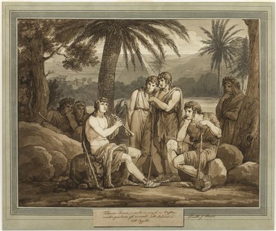 Telemachus spielt und singt für die Hirten in Ägypten, aus Die Abenteuer des Telemachus, Buch 2 von Bartolomeo Pinelli
