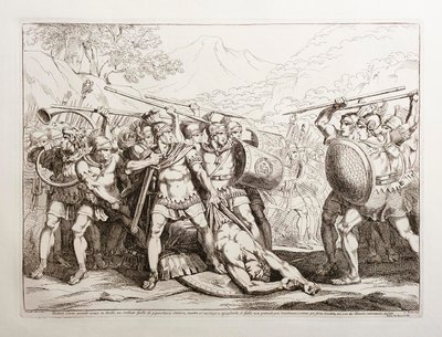 Valerio Corvo, der einen gallischen Soldaten von gigantischer Statur im Duell getötet hat, während er ihn ausziehen will, können sich die Gallier nicht zurückhalten und laufen, um ihn zu rächen, aber sie werden von den Römern vollständig besiegt von Bartolomeo Pinelli