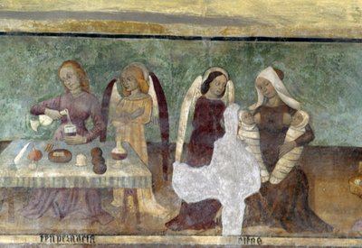 Allegorische Szene, Detail aus dem Zyklus, der den Zug der Laster und Tugenden darstellt, ca. 1490, von Bartolomeo Serra und Sebastiano Serra, Fresko, St. Stephanskapelle, Giaglione, Piemont, Italien von Bartolomeo and Serra Sebastiano Serra