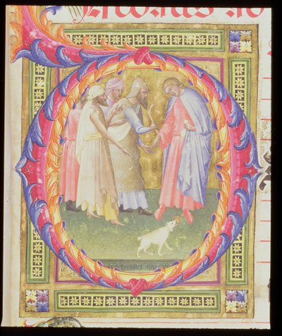 Ms 518 f.1r Historisierte Initiale O, die Tobias und den Engel darstellt von Bartolomeo di Frusino