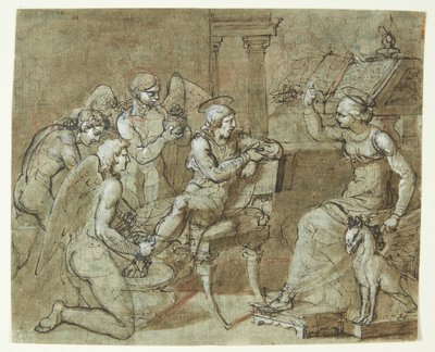 Ein männlicher Heiliger wird von Engeln gewaschen und gepflegt, während er einer weiblichen Heiligen zuhört, die vor einem Lesepult sitzt und nach oben zeigt. Der Hl. Sebastian bei der Hl. Irene? von Bartolommeo Letterini