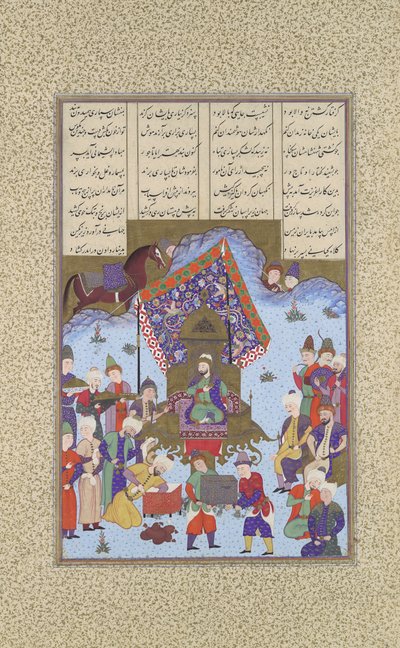 Afrasiyab auf dem iranischen Thron, Folio 105r aus dem Shahnama Buch der Könige von Bashdan Qara