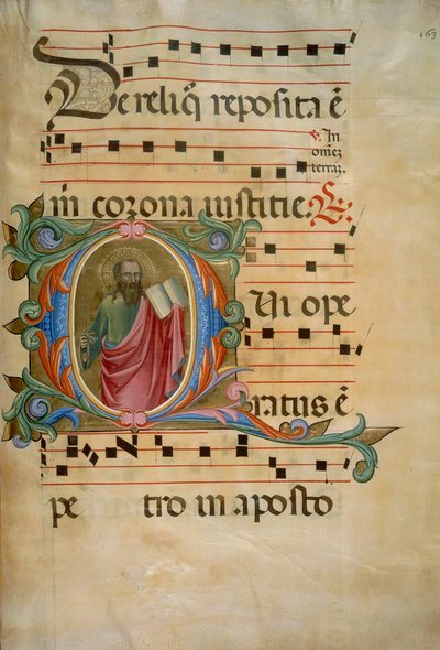 Illuminierte Initiale mit der Figur des Heiligen Paulus (Corale 8, ca. 163), für Chorbuch 8 von Santa Maria degli Angeli von Batrolomeo di Fruosino