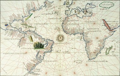 Eine doppelseitige Karte des Atlantischen Ozeans, die die Ostküste von Nord- und Südamerika zeigt, 1544 von Battista Agnese