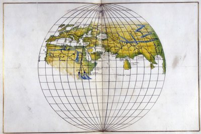 Eger. 2854. f.14v-15 Hemisphärenkarte der alten Welt, von Europa und Afrika bis Indien; zeigt die Einteilungen von Ptolemäus, ca. 1540 von Battista Agnese