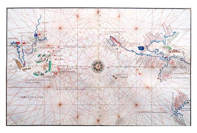 Navigationskarte zeigt China, Ceylon und die Philippinen sowie die Wendekreise des Krebses und des Steinbocks von Battista Agnese