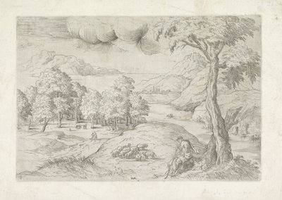 Panorama-Landschaft mit Ruinen, einer Stadt und Reisenden von Battista Angolo del Moro