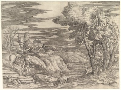 Landschaft mit einem Reiter und seinem Stallburschen, ca. 1552-61 von Battista Franco Veneziano