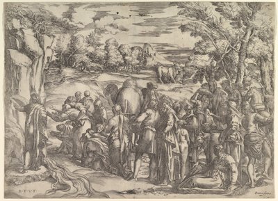 Moses schlägt Wasser aus dem Felsen, links mit fließendem Wasser, verschiedene Figuren, ca. 1552-61 von Battista Franco Veneziano