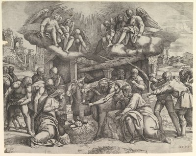 Die Anbetung der Hirten mit Engeln darüber von Battista Franco Veneziano