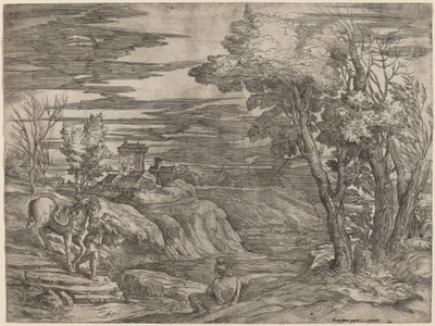 Landschaft mit einem Mann, der ein Pferd führt von Battista Franco after Titian