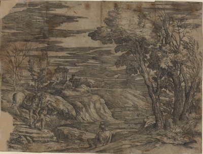 Landschaft mit einem Mann, der ein Pferd führt von Battista Franco, after Titian
