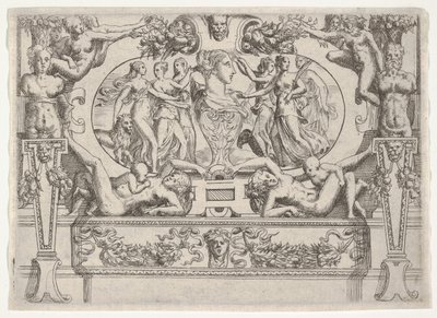 Büste einer Frau, flankiert von drei Frauen auf jeder Seite, in einem aufwendigen Rahmen, ca. 1540-80 von Battista del Moro