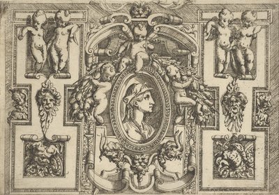 Büste einer Frau im Profil nach rechts, in einem aufwendigen Rahmen mit Putti, ca. 1540-80 von Battista del Moro