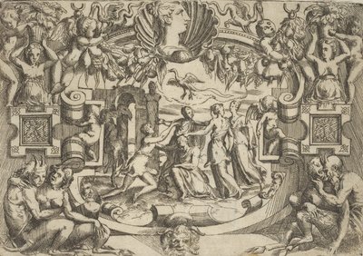 Vier Frauen umgeben eine sitzende Figur, ein Vogel über ihnen, in einem aufwendigen..., ca. 1540-80 von Battista del Moro
