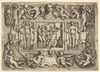 Die Kumeäische Sibylle geht nach rechts und trägt ein Tablett, gefolgt von drei Frauen von Battista del Moro