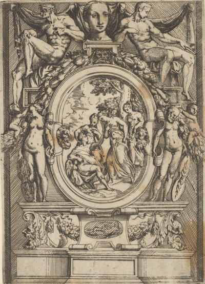 Das Urteil des Paris, ein Mann sitzt links und streckt die Hand zu einer Frau aus, die von ... flankiert wird, ca. 1540-80 von Battista del Moro