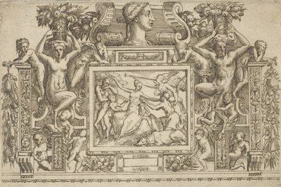 Frau sitzt mit ausgestreckten Armen, Personifikation des Ruhms mit Trompete rechts..., ca. 1540-80 von Battista del Moro