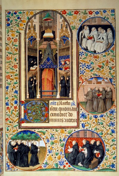 Szene des klösterlichen Lebens. In den Medaillons, von oben nach unten, die Karmeliten, Franziskaner, Dominikaner, Augustiner (links). Miniatur aus „Stundenbuch nach dem Gebrauch von Paris“ illuminiert von der Werkstatt des Meisters von Bedford. 1450. Pari von Bedford Master Workshop