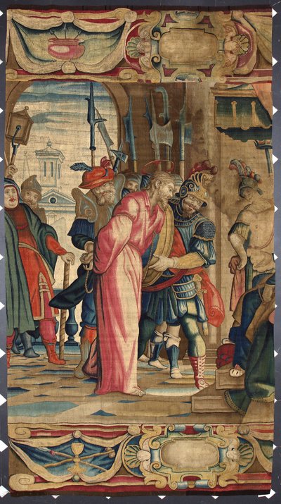 Christus und Pontius Pilatus, Tapisserie der Brüsseler Manufakturen, 16. Jahrhundert, Genua, Musei di Strada Nuova von Belgian School