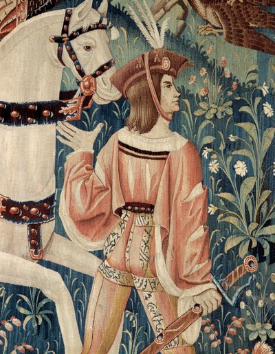 Mittelalter: der Beginn der Falkenjagd zu Pferd. Detail einer Seiden- und Wolltapisserie aus dem frühen 16. Jahrhundert. Aus Hainaut. Paris, Nationalmuseum des Mittelalters, Thermes de Cluny von Belgian School